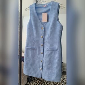 BeBop Light Blue Sleeveless Tweed Shift Dress with Gold Buttons